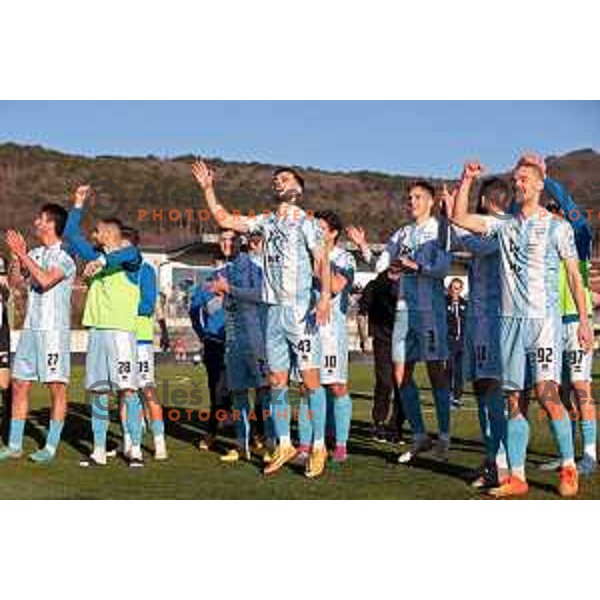 Darko Hrka, Nejc Mevlja, Tino Agic and players of Gorica celebrate victory at Prva Liga Telemach 2022-2023 football match between Tabor Sezana and Gorica in Sezana on March 16, 2023 