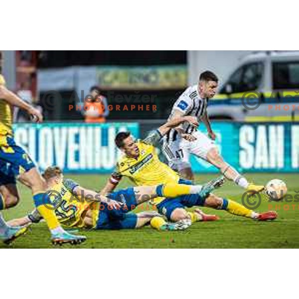 Matej Palcic vs Mihael Klepac in action during Prva liga Telemach football match between Mura and Koper in Fazanerija, Murska Sobota, Slovenia on March 16, 2023. Photo: Jure Banfi