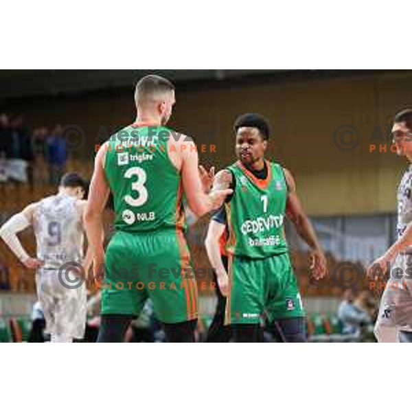 Rok Radovic and Yogi Ferrell of Cedevita Olimpija in action during ABA league 2022-2033 regular season match between Cedevita Olimpija and Cibona (CRO) in Ljubljana, Slovenia on March 18, 2023