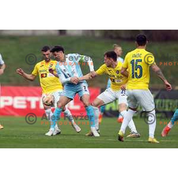 Almin Kurtovic, Etien Velikonja and Maro Katinic in action during Prva Liga Telemach 2022-2023 football match between Bravo and Gorica in Ljubljana, Slovenia on March 19, 2023