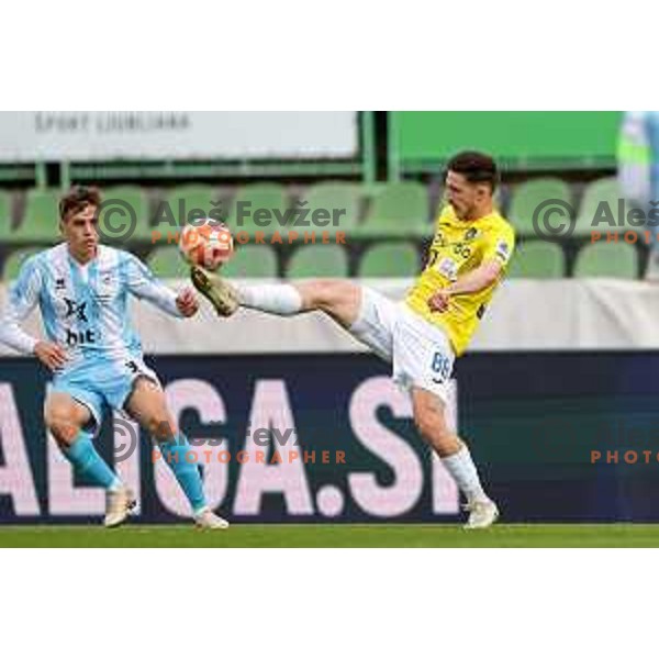 Filip Brekalo and Tamar Svetlin in action during Prva Liga Telemach 2022-2023 football match between Bravo and Gorica in Ljubljana, Slovenia on March 19, 2023