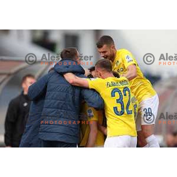 Almin Kurtovic and players of Bravo celebrate goal during Prva Liga Telemach 2022-2023 football match between Bravo and Gorica in Ljubljana, Slovenia on March 19, 2023