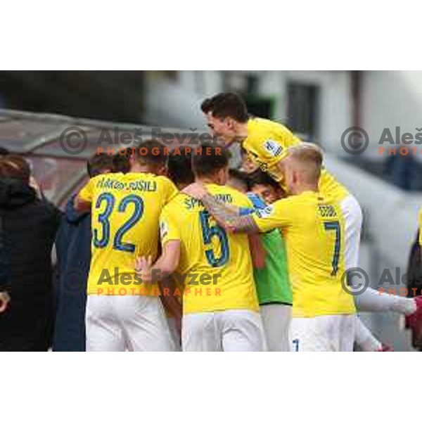 Tamar Svetlin and players of Bravo celebrate goal during Prva Liga Telemach 2022-2023 football match between Bravo and Gorica in Ljubljana, Slovenia on March 19, 2023