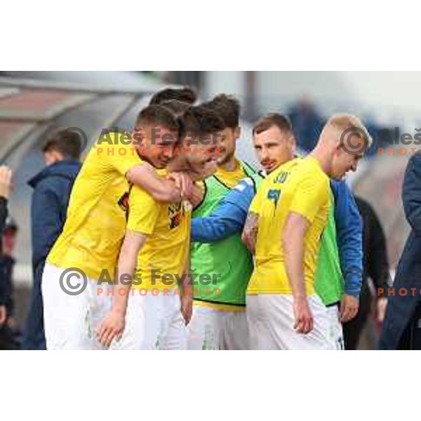 Tamar Svetlin and players of Bravo celebrate goal during Prva Liga Telemach 2022-2023 football match between Bravo and Gorica in Ljubljana, Slovenia on March 19, 2023