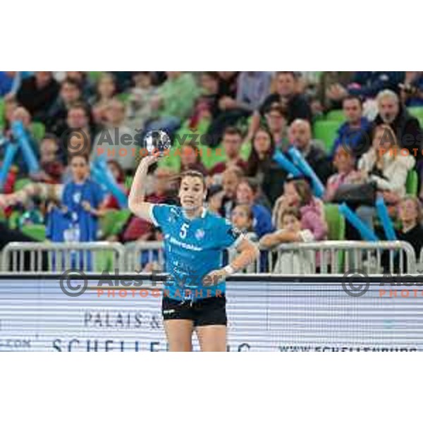 Tjasa Stanko in action during EHF Champions league Women 2022-2023 handball match between Krim Mercator (SLO) and Rapid Bucuresti (ROU) in Ljubljana, Slovenia on March 19,2023 