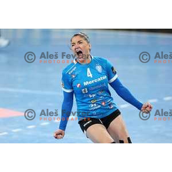 Jovanka Radicevic in action during EHF Champions league Women 2022-2023 handball match between Krim Mercator (SLO) and Rapid Bucuresti (ROU) in Ljubljana, Slovenia on March 19,2023