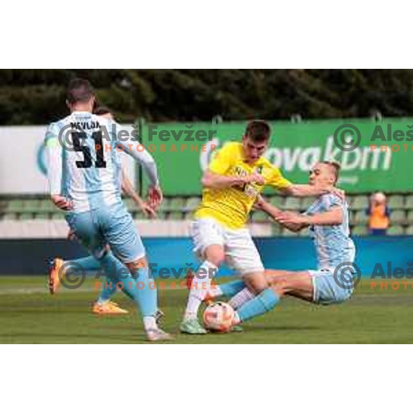 Mark Spanring and Tino Agic in action during Prva Liga Telemach 2022-2023 football match between Bravo and Gorica in Ljubljana, Slovenia on March 19, 2023