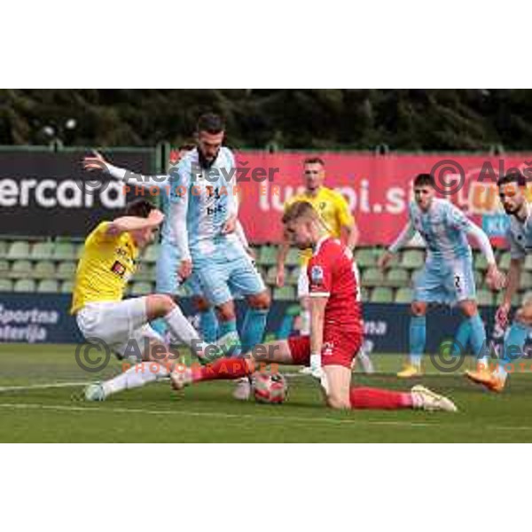 Mark Spanring and Matevz Dajcman in action during Prva Liga Telemach 2022-2023 football match between Bravo and Gorica in Ljubljana, Slovenia on March 19, 2023