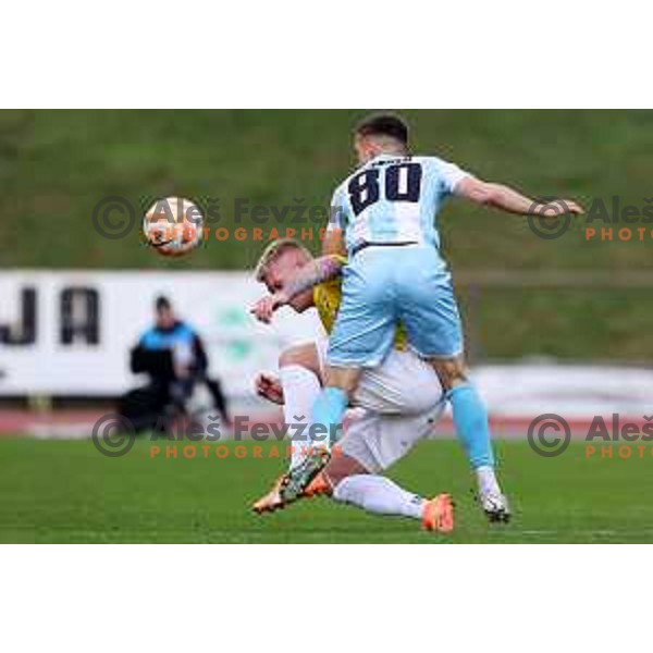 Luka Stor and Zvonimir Petrovic in action during Prva Liga Telemach 2022-2023 football match between Bravo and Gorica in Ljubljana, Slovenia on March 19, 2023