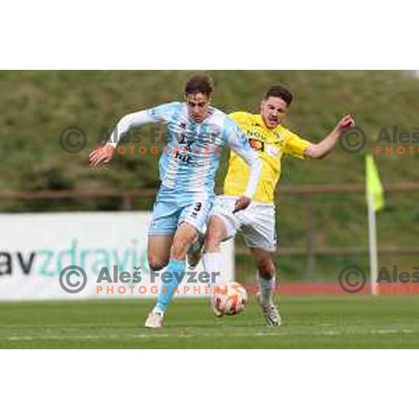 Filip Brekalo and Tamar Svetlin in action during Prva Liga Telemach 2022-2023 football match between Bravo and Gorica in Ljubljana, Slovenia on March 19, 2023