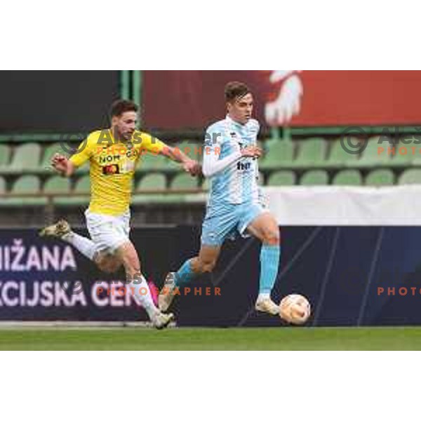 Filip Brekalo and Tamar Svetlin in action during Prva Liga Telemach 2022-2023 football match between Bravo and Gorica in Ljubljana, Slovenia on March 19, 2023