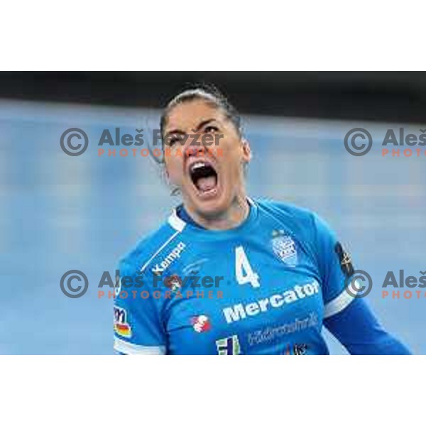 Jovanka Radicevic in action during EHF Champions league Women 2022-2023 handball match between Krim Mercator (SLO) and Rapid Bucuresti (ROU) in Ljubljana, Slovenia on March 19,2023