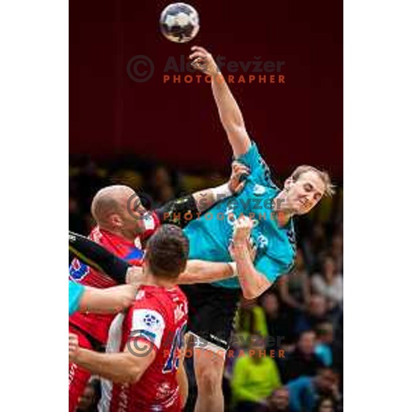 Domen Tajnik in action during EHF European Cup handball match between Gorenje Velenje and Vojvodina in Red Hall, Velenje, Slovenia on March 25, 2023