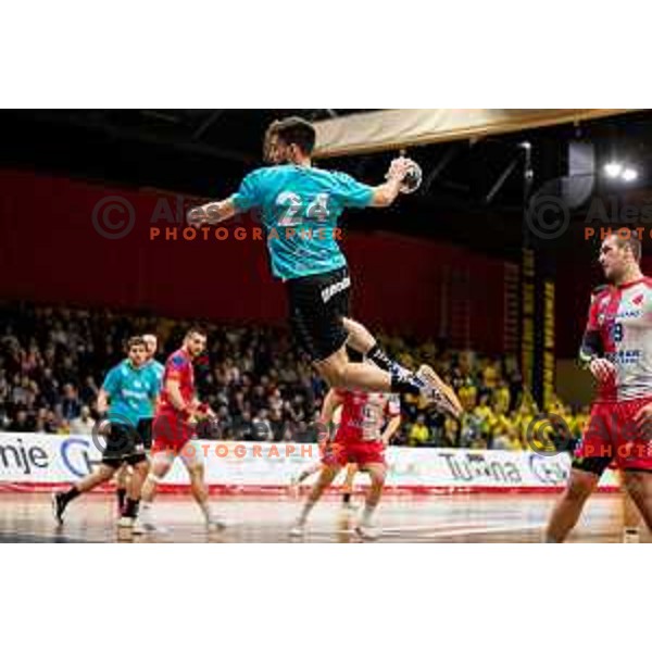 Tilen Sokolic in action during EHF European Cup handball match between Gorenje Velenje and Vojvodina in Red Hall, Velenje, Slovenia on March 25, 2023