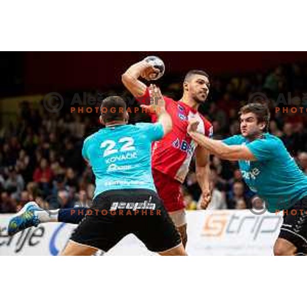 in action during EHF European Cup handball match between Gorenje Velenje and Vojvodina in Red Hall, Velenje, Slovenia on March 25, 2023