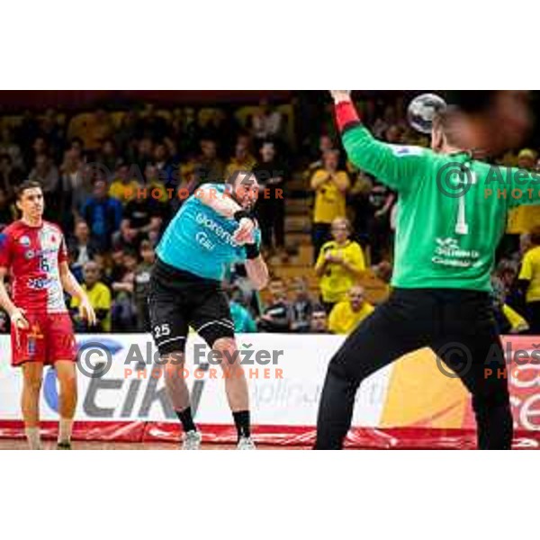 Matic Verdinek in action during EHF European Cup handball match between Gorenje Velenje and Vojvodina in Red Hall, Velenje, Slovenia on March 25, 2023