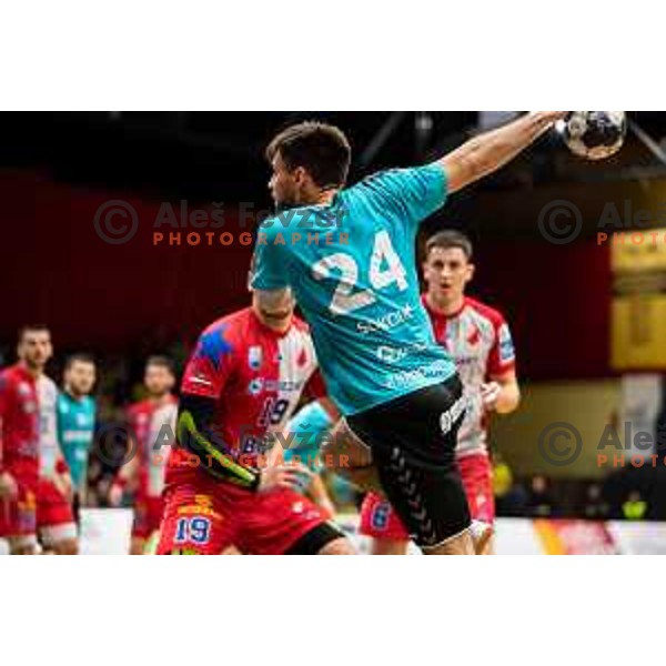 Tilen Sokolic in action during EHF European Cup handball match between Gorenje Velenje and Vojvodina in Red Hall, Velenje, Slovenia on March 25, 2023