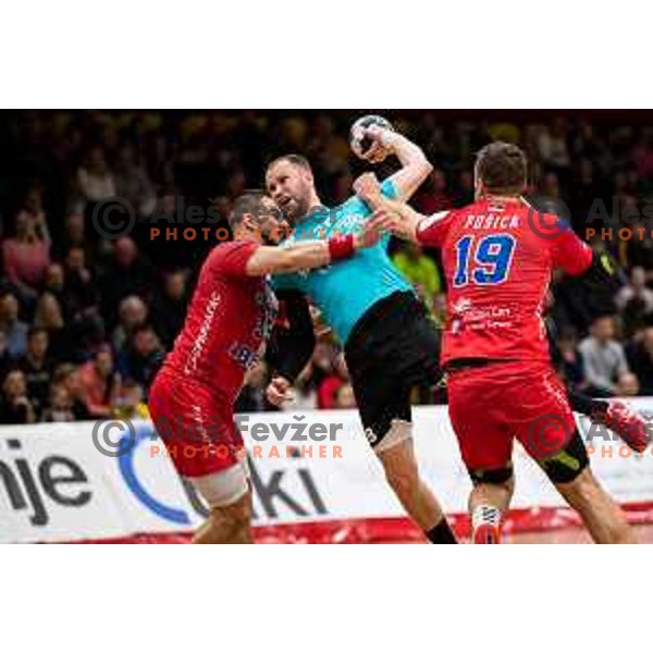 Timotej Grmsek in action during EHF European Cup handball match between Gorenje Velenje and Vojvodina in Red Hall, Velenje, Slovenia on March 25, 2023