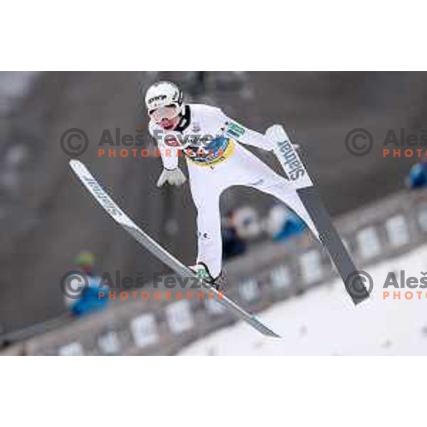Anze Lanisek competes during Qualification of Men\'s Ski Flying Individual at the Final of FIS Ski jumping World Cup in Planica, Slovenia on March 30, 2023 