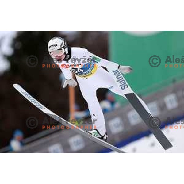 Anze Lanisek competes during Qualification of Men\'s Ski Flying Individual at the Final of FIS Ski jumping World Cup in Planica, Slovenia on March 30, 2023 