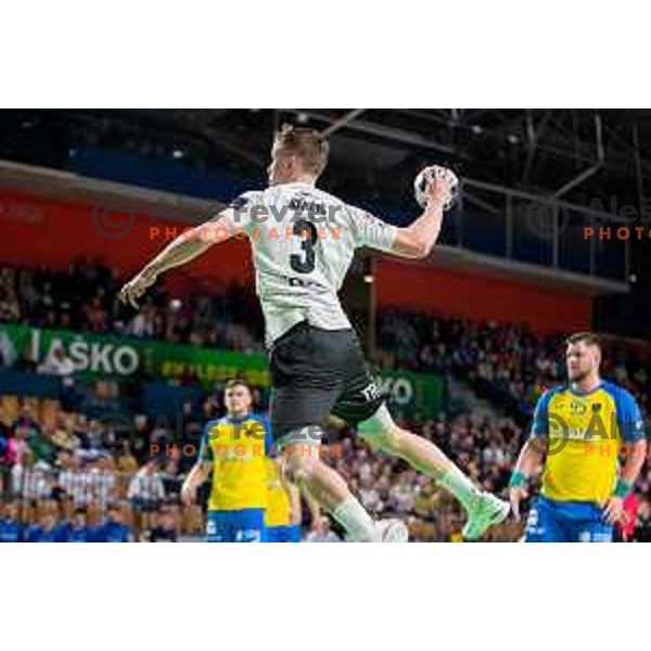 Stas Jovicic Slatinek in action during 1.NLB league handball match between Celje Pivovarna Lasko and Trimo Trebnje in Celje, Slovenia on March 31, 2023.