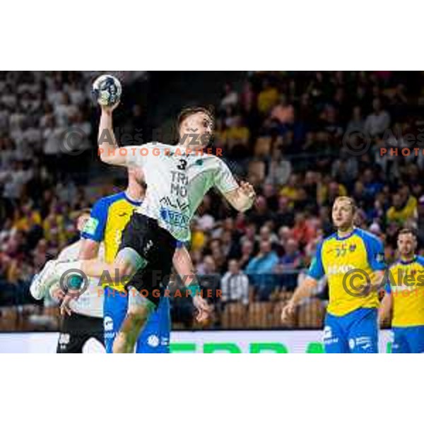 Stas Jovicic Slatinek in action during 1.NLB league handball match between Celje Pivovarna Lasko and Trimo Trebnje in Celje, Slovenia on March 31, 2023.