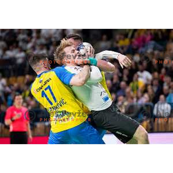 Lovro Viscek in action during 1.NLB league handball match between Celje Pivovarna Lasko and Trimo Trebnje in Celje, Slovenia on March 31, 2023.