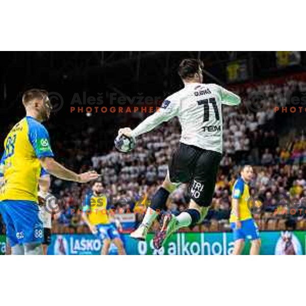 Filip Glavas in action during 1.NLB league handball match between Celje Pivovarna Lasko and Trimo Trebnje in Celje, Slovenia on March 31, 2023.