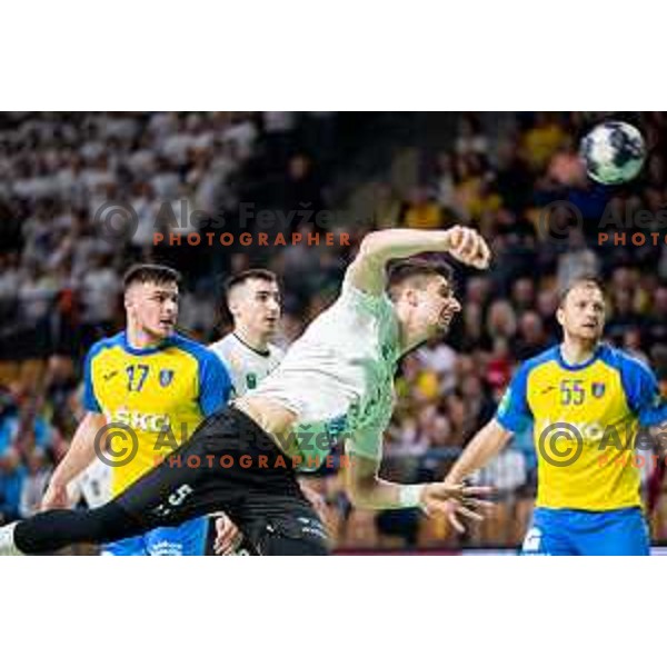 Gasper Horvat in action during 1.NLB league handball match between Celje Pivovarna Lasko and Trimo Trebnje in Celje, Slovenia on March 31, 2023.