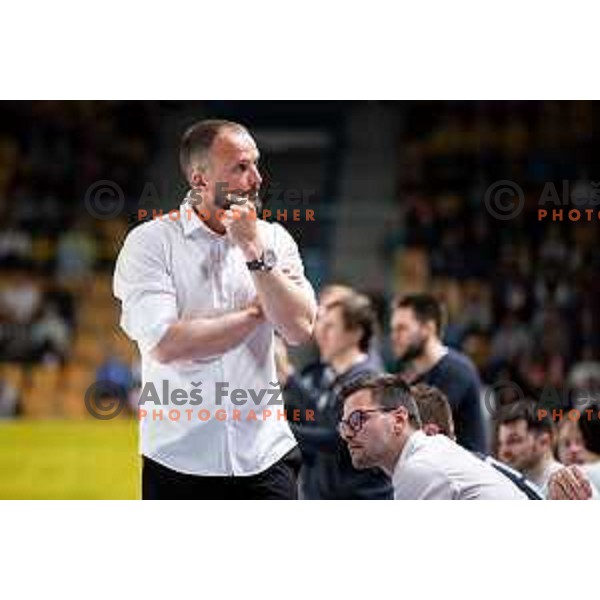 Uros Zorman in action during 1.NLB league handball match between Celje Pivovarna Lasko and Trimo Trebnje in Celje, Slovenia on March 31, 2023.