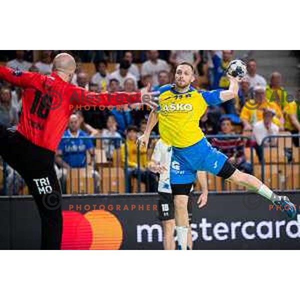 Gal Marguc in action during 1.NLB league handball match between Celje Pivovarna Lasko and Trimo Trebnje in Celje, Slovenia on March 31, 2023.