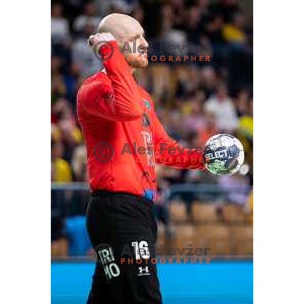 Aljosa Cudic in action during 1.NLB league handball match between Celje Pivovarna Lasko and Trimo Trebnje in Celje, Slovenia on March 31, 2023.
