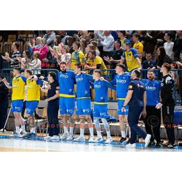 in action during 1.NLB league handball match between Celje Pivovarna Lasko and Trimo Trebnje in Celje, Slovenia on March 31, 2023.