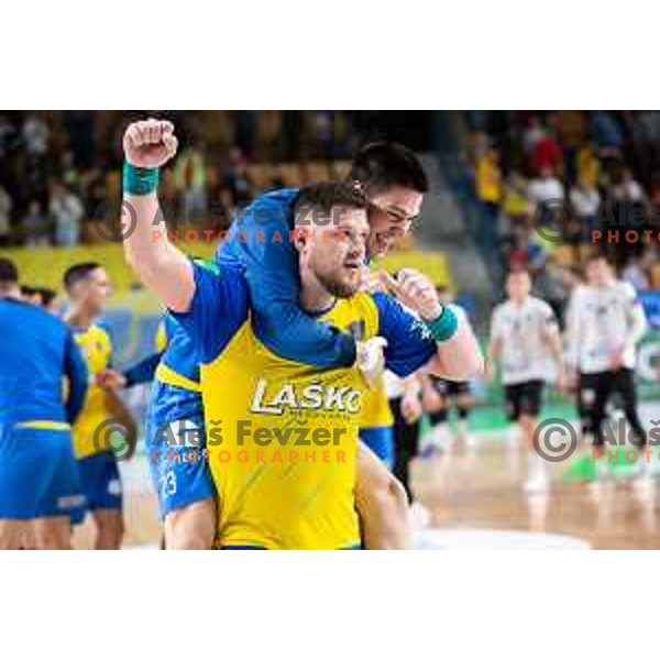 Matic Suholeznik and Amir Muhovic in action during 1.NLB league handball match between Celje Pivovarna Lasko and Trimo Trebnje in Celje, Slovenia on March 31, 2023.