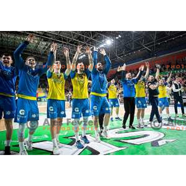 in action during 1.NLB league handball match between Celje Pivovarna Lasko and Trimo Trebnje in Celje, Slovenia on March 31, 2023.