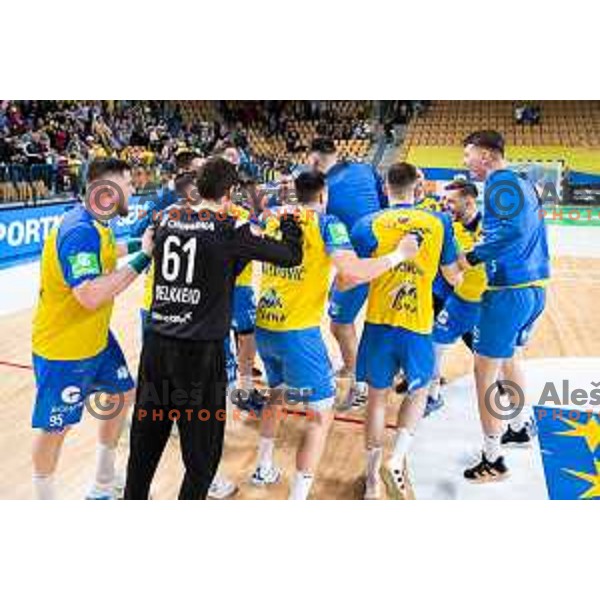 in action during 1.NLB league handball match between Celje Pivovarna Lasko and Trimo Trebnje in Celje, Slovenia on March 31, 2023.