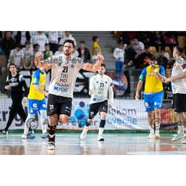 Gregor Potocnik in action during 1.NLB league handball match between Celje Pivovarna Lasko and Trimo Trebnje in Celje, Slovenia on March 31, 2023.