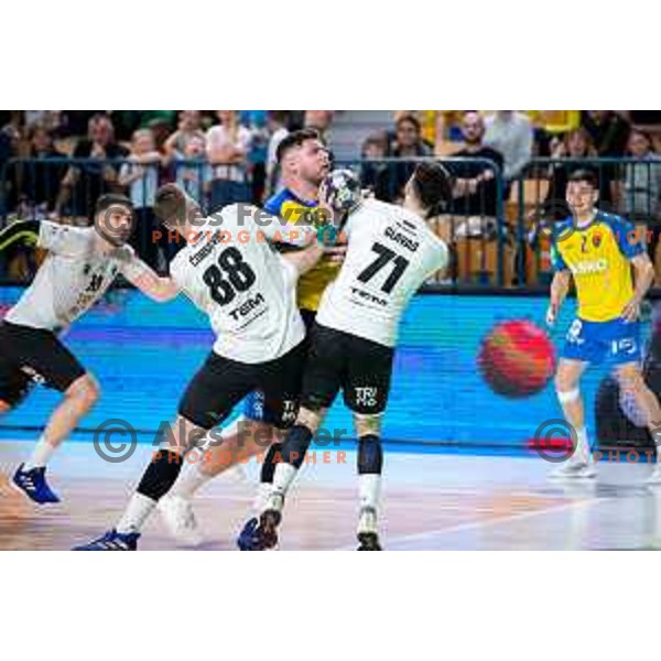 Matic Suholeznik in action during 1.NLB league handball match between Celje Pivovarna Lasko and Trimo Trebnje in Celje, Slovenia on March 31, 2023.