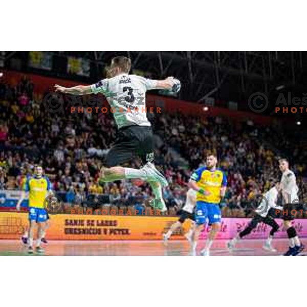 Stas Jovicic Slatinek in action during 1.NLB league handball match between Celje Pivovarna Lasko and Trimo Trebnje in Celje, Slovenia on March 31, 2023.