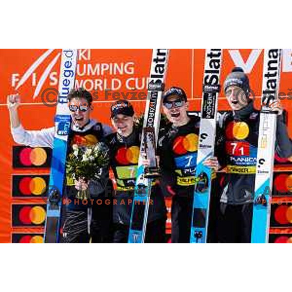 Timi Zajc, Domen Prevc, Anze Lanisek and Lovro Kos (SLO) at the Final of FIS Ski Jumping World Cup, Planica, Slovenia on April 1, 2023 