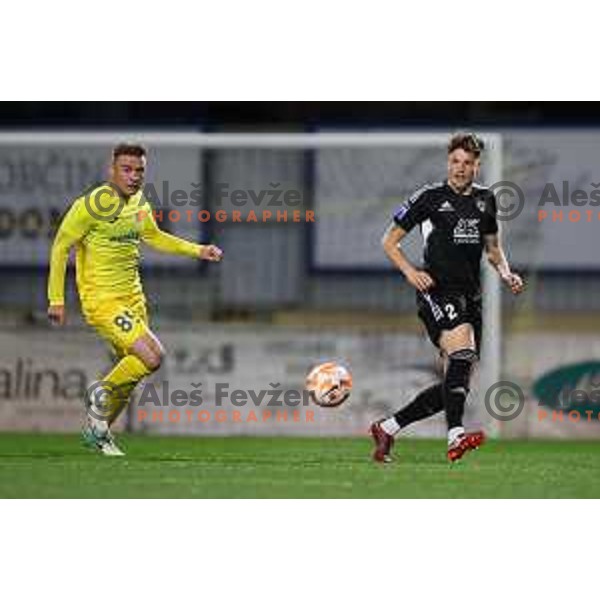 Slobodan Vuk and Kai Cipot in action during Prva Liga Telemach 2022-2023 football match between Domzale and Mura in Domzale, Slovenia on April 2, 2023