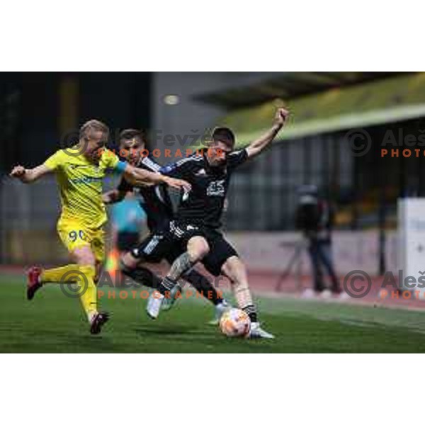 Zeni Husmani and Mihael Klepac in action during Prva Liga Telemach 2022-2023 football match between Domzale and Mura in Domzale, Slovenia on April 2, 2023