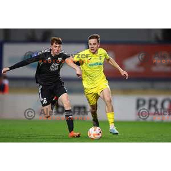 Filippo Tripi and Jost Pisek in action during Prva Liga Telemach 2022-2023 football match between Domzale and Mura in Domzale, Slovenia on April 2, 2023