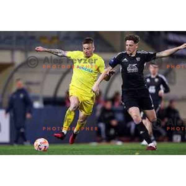 Franko Kovacevic and Kai Cipot in action during Prva Liga Telemach 2022-2023 football match between Domzale and Mura in Domzale, Slovenia on April 2, 2023