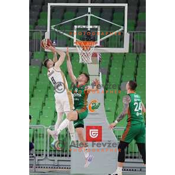 in action during ABA league 2022-2033 regular season match between Cedevita Olimpija and SC Derby in Ljubljana, Slovenia on April 4, 2023