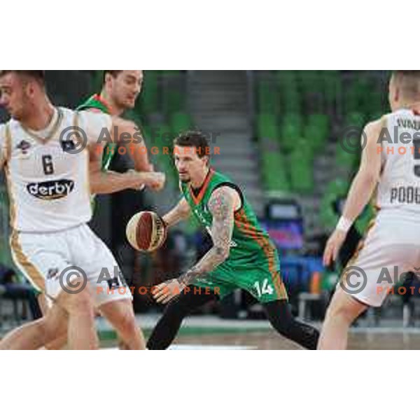 in action during ABA league 2022-2033 regular season match between Cedevita Olimpija and SC Derby in Ljubljana, Slovenia on April 4, 2023