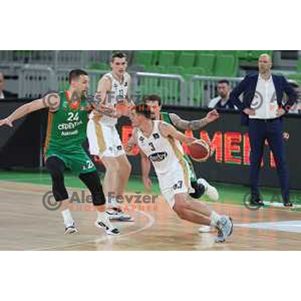 in action during ABA league 2022-2033 regular season match between Cedevita Olimpija and SC Derby in Ljubljana, Slovenia on April 4, 2023