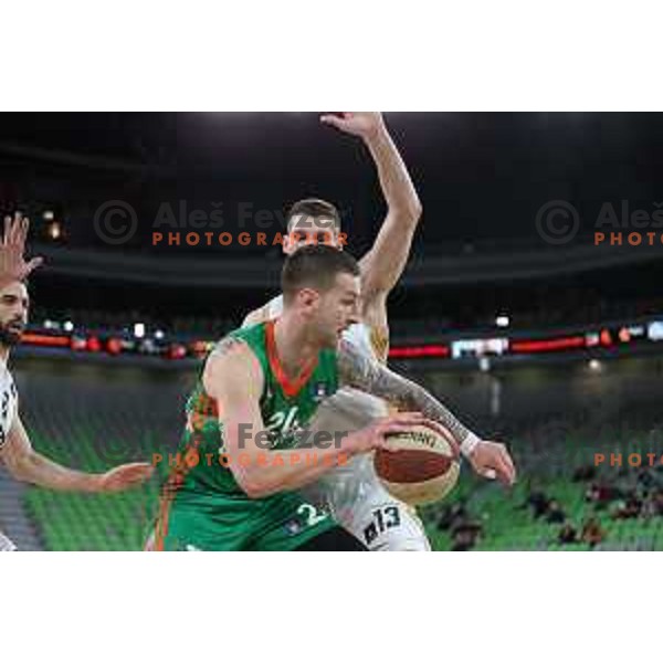 in action during ABA league 2022-2033 regular season match between Cedevita Olimpija and SC Derby in Ljubljana, Slovenia on April 4, 2023