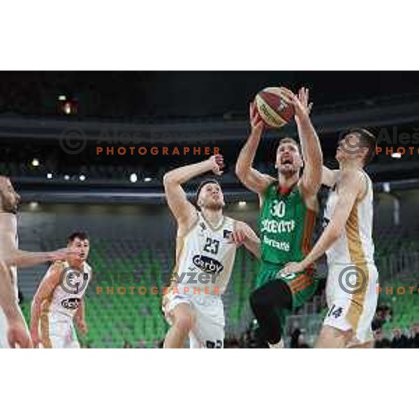 in action during ABA league 2022-2033 regular season match between Cedevita Olimpija and SC Derby in Ljubljana, Slovenia on April 4, 2023