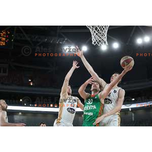 in action during ABA league 2022-2033 regular season match between Cedevita Olimpija and SC Derby in Ljubljana, Slovenia on April 4, 2023